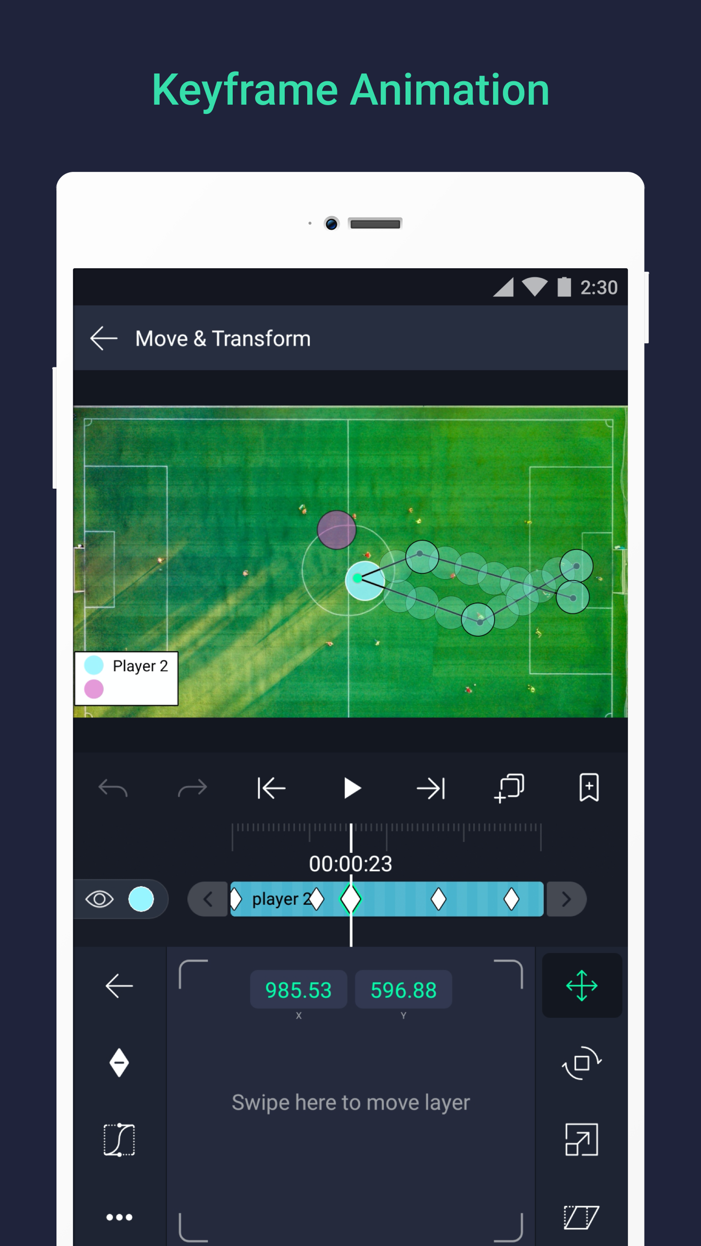 Illustration of a mobile motion graphics editing workflow with timeline and layers