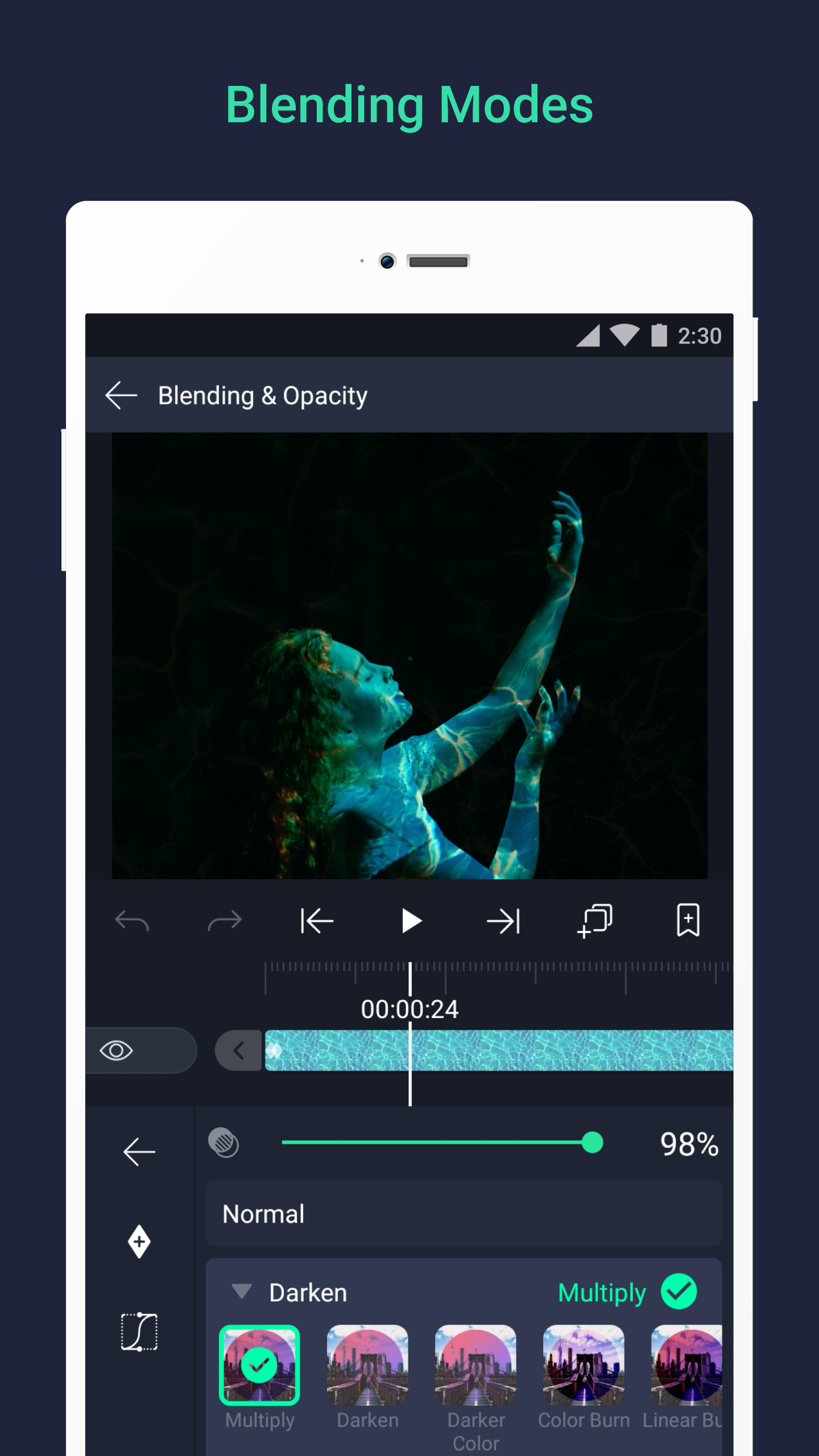 Illustration of a mobile motion graphics editing workflow with timeline and clips